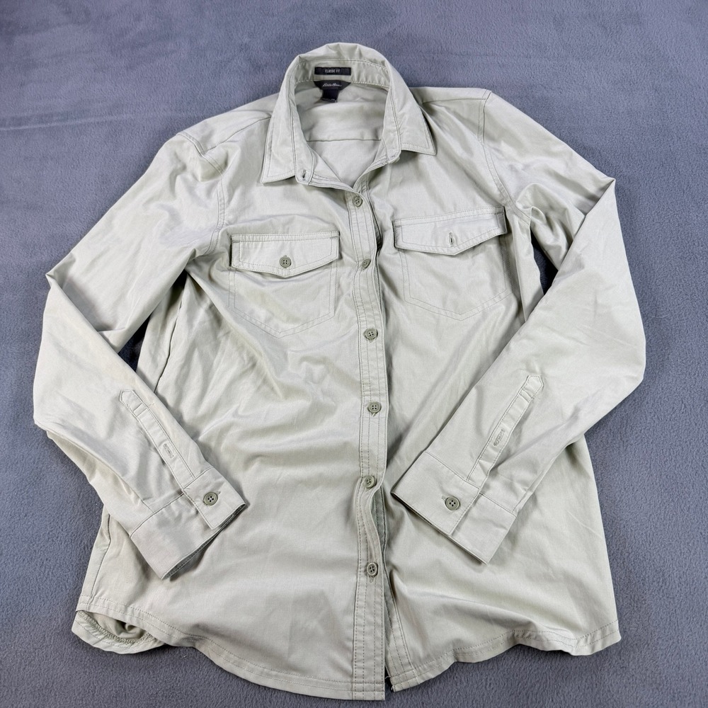 Eddie Bauer Womens Classic Fit Roll Tab Sleeve Button Down Shirt Khaki XS